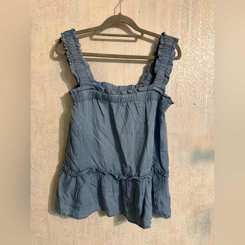 Blu Pepper Denim Blue Ruffled, Boho, Wide Strapped Blouse, Sz Small